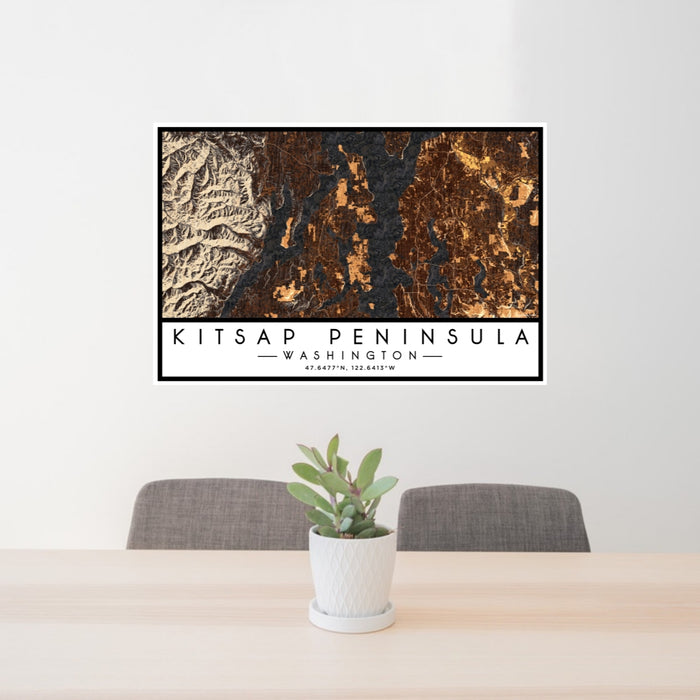 24x36 Kitsap Peninsula Washington Map Print Lanscape Orientation in Ember Style Behind 2 Chairs Table and Potted Plant
