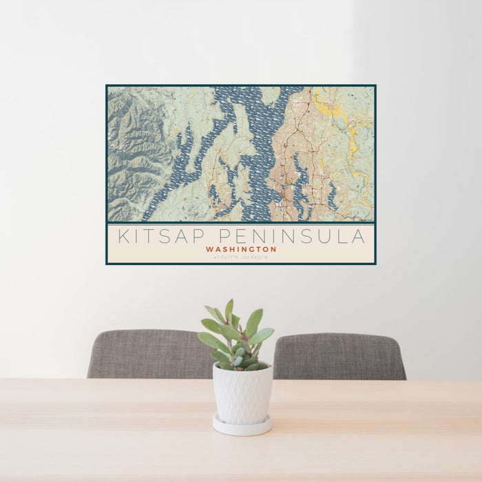 24x36 Kitsap Peninsula Washington Map Print Lanscape Orientation in Woodblock Style Behind 2 Chairs Table and Potted Plant