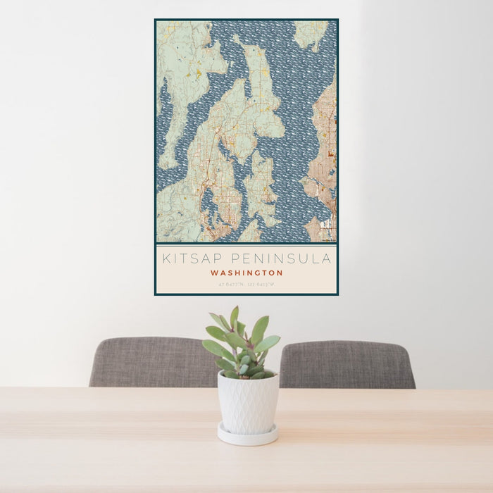 24x36 Kitsap Peninsula Washington Map Print Portrait Orientation in Woodblock Style Behind 2 Chairs Table and Potted Plant