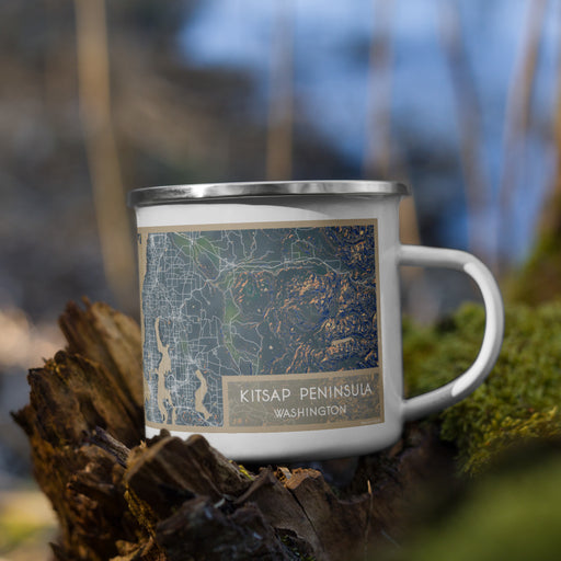 Right View Custom Kitsap Peninsula Washington Map Enamel Mug in Afternoon on Grass With Trees in Background