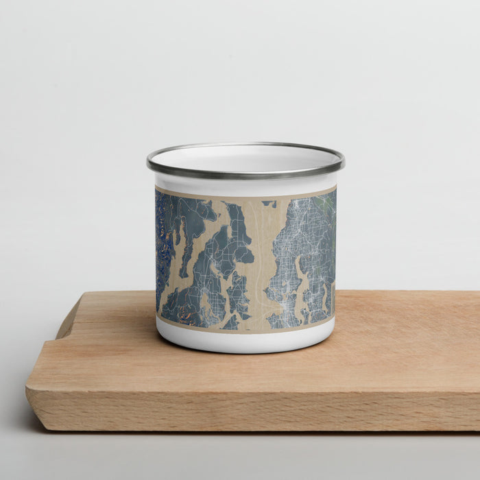 Front View Custom Kitsap Peninsula Washington Map Enamel Mug in Afternoon on Cutting Board