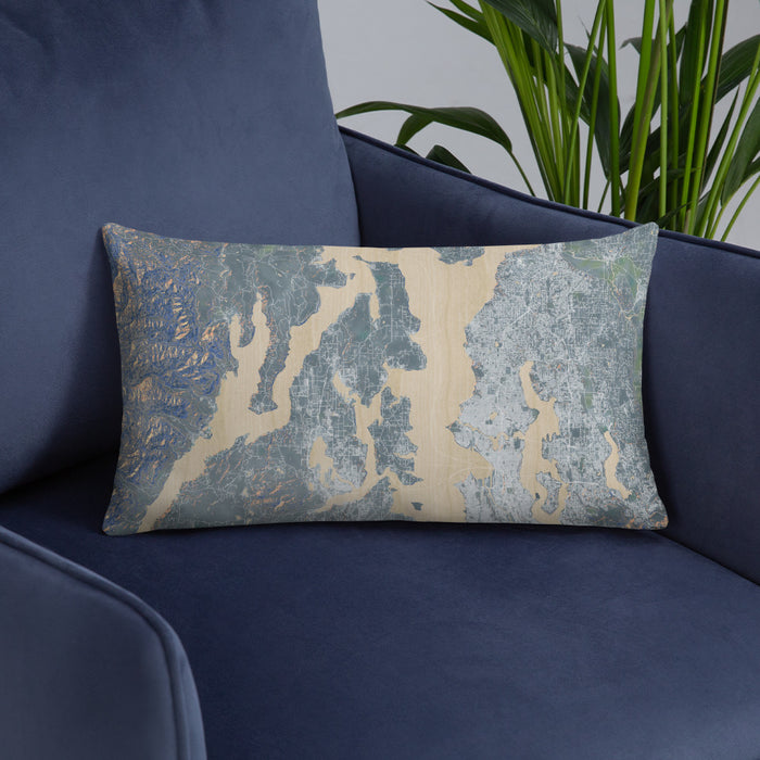 Custom Kitsap Peninsula Washington Map Throw Pillow in Afternoon on Blue Colored Chair