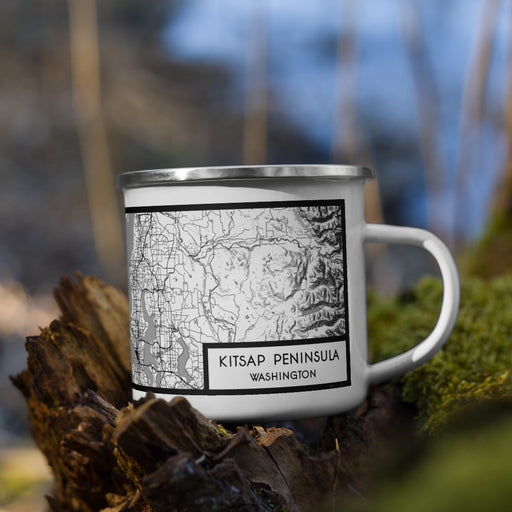 Right View Custom Kitsap Peninsula Washington Map Enamel Mug in Classic on Grass With Trees in Background