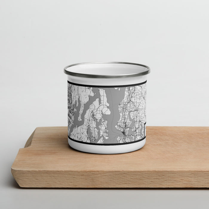 Front View Custom Kitsap Peninsula Washington Map Enamel Mug in Classic on Cutting Board