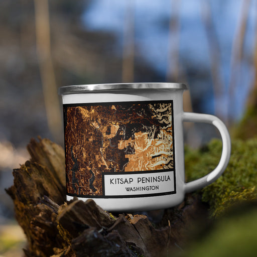Right View Custom Kitsap Peninsula Washington Map Enamel Mug in Ember on Grass With Trees in Background