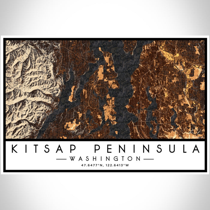 Kitsap Peninsula Washington Map Print Landscape Orientation in Ember Style With Shaded Background