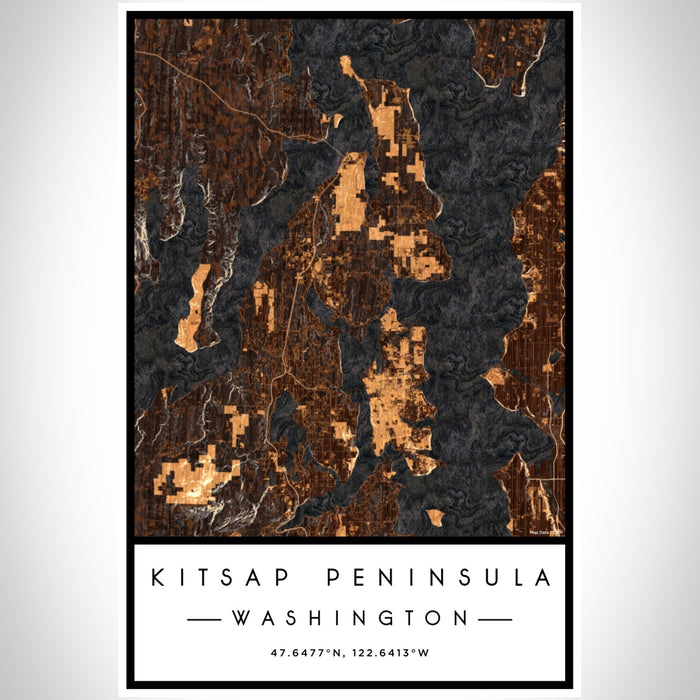 Kitsap Peninsula Washington Map Print Portrait Orientation in Ember Style With Shaded Background