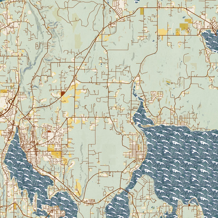 Kitsap Peninsula Washington Map Print in Woodblock Style Zoomed In Close Up Showing Details