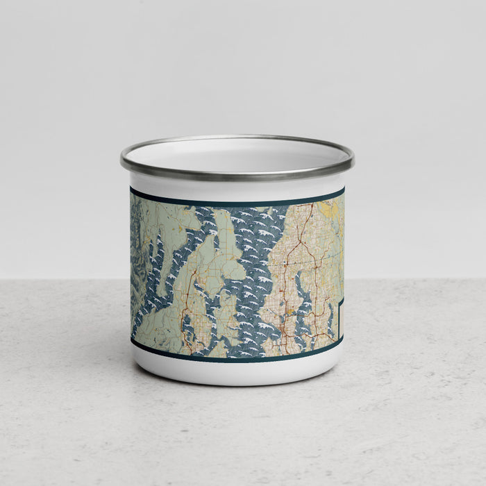 Front View Custom Kitsap Peninsula Washington Map Enamel Mug in Woodblock