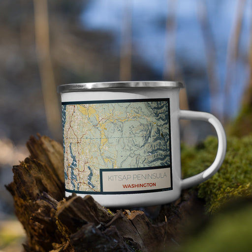 Right View Custom Kitsap Peninsula Washington Map Enamel Mug in Woodblock on Grass With Trees in Background