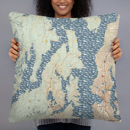 Person holding 22x22 Custom Kitsap Peninsula Washington Map Throw Pillow in Woodblock