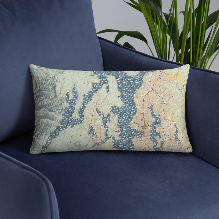 Custom Kitsap Peninsula Washington Map Throw Pillow in Woodblock on Blue Colored Chair