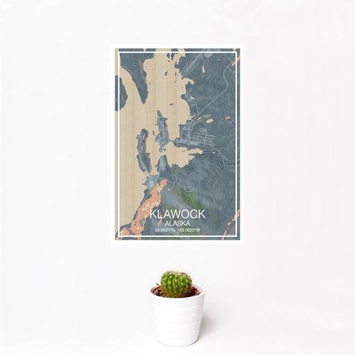12x18 Klawock Alaska Map Print Portrait Orientation in Afternoon Style With Small Cactus Plant in White Planter