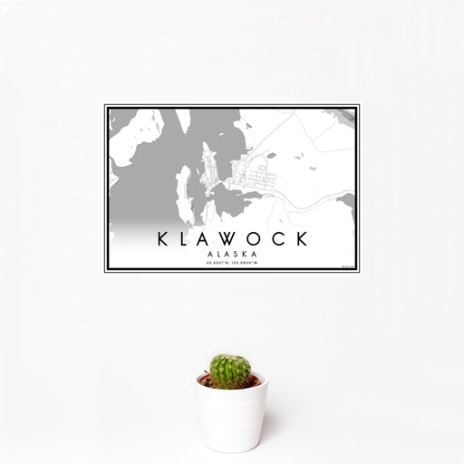 12x18 Klawock Alaska Map Print Landscape Orientation in Classic Style With Small Cactus Plant in White Planter