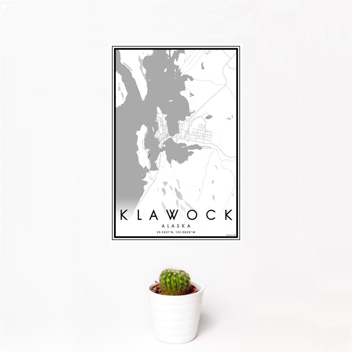 12x18 Klawock Alaska Map Print Portrait Orientation in Classic Style With Small Cactus Plant in White Planter