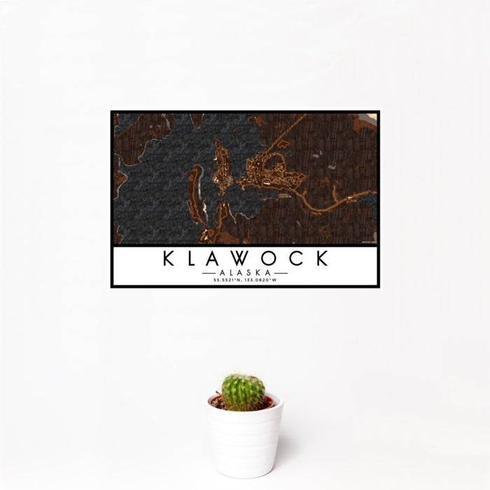 12x18 Klawock Alaska Map Print Landscape Orientation in Ember Style With Small Cactus Plant in White Planter