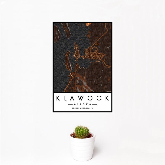 12x18 Klawock Alaska Map Print Portrait Orientation in Ember Style With Small Cactus Plant in White Planter