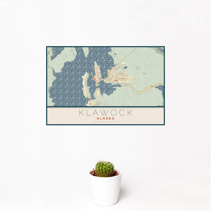 12x18 Klawock Alaska Map Print Landscape Orientation in Woodblock Style With Small Cactus Plant in White Planter