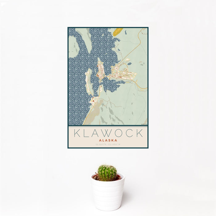 12x18 Klawock Alaska Map Print Portrait Orientation in Woodblock Style With Small Cactus Plant in White Planter
