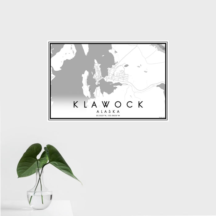 16x24 Klawock Alaska Map Print Landscape Orientation in Classic Style With Tropical Plant Leaves in Water