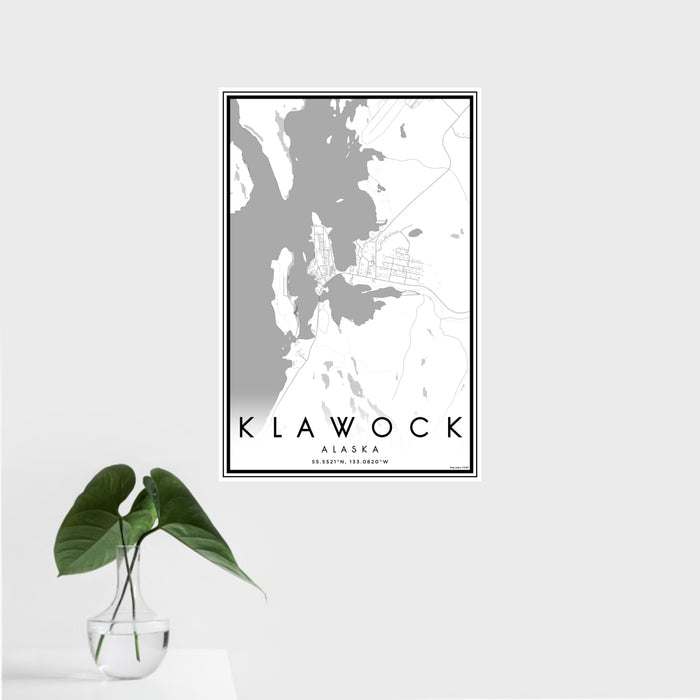 16x24 Klawock Alaska Map Print Portrait Orientation in Classic Style With Tropical Plant Leaves in Water