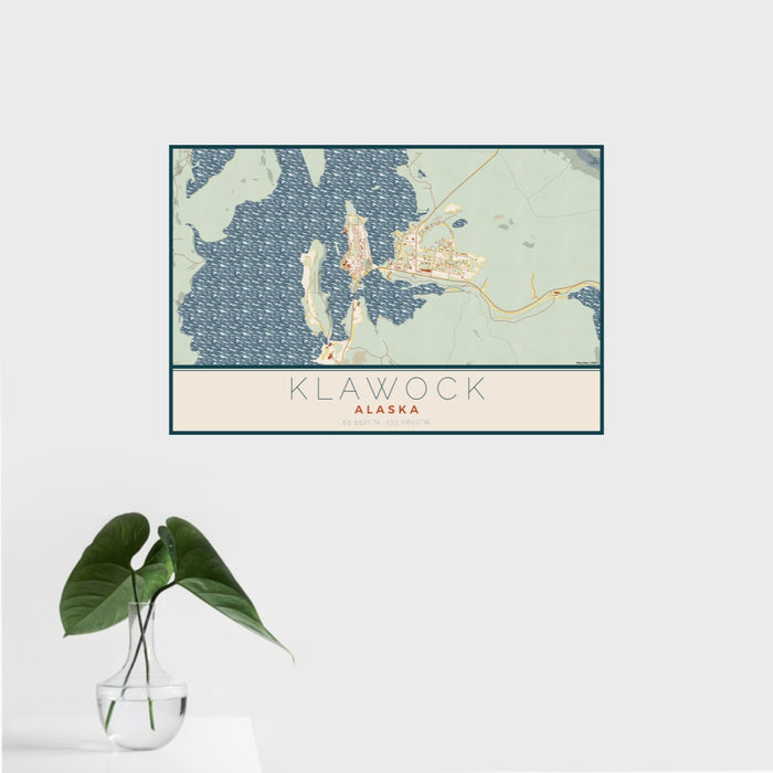 16x24 Klawock Alaska Map Print Landscape Orientation in Woodblock Style With Tropical Plant Leaves in Water
