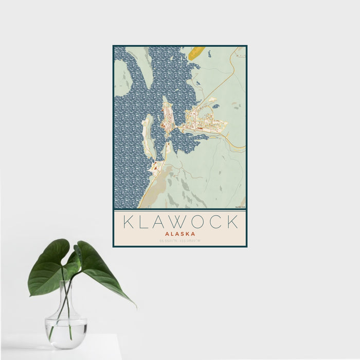 16x24 Klawock Alaska Map Print Portrait Orientation in Woodblock Style With Tropical Plant Leaves in Water