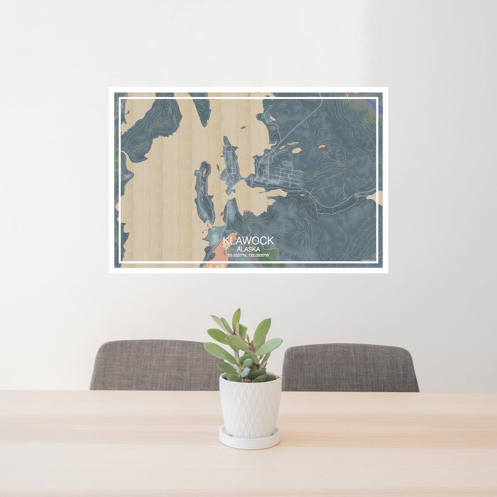 24x36 Klawock Alaska Map Print Landscape Orientation in Afternoon Style Behind 2 Chairs Table and Potted Plant