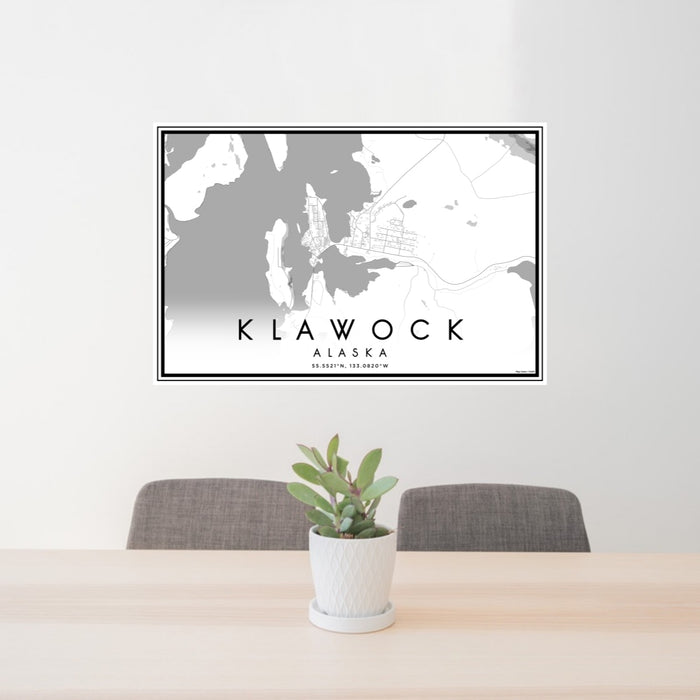 24x36 Klawock Alaska Map Print Landscape Orientation in Classic Style Behind 2 Chairs Table and Potted Plant