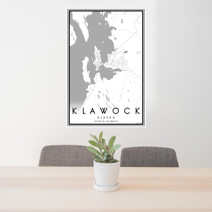 24x36 Klawock Alaska Map Print Portrait Orientation in Classic Style Behind 2 Chairs Table and Potted Plant