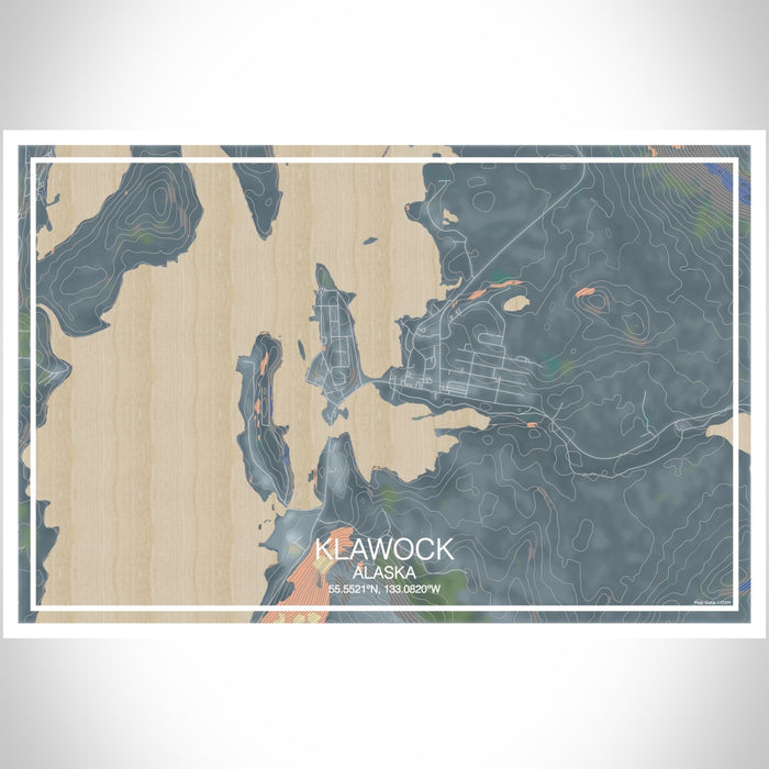 Klawock Alaska Map Print Landscape Orientation in Afternoon Style With Shaded Background