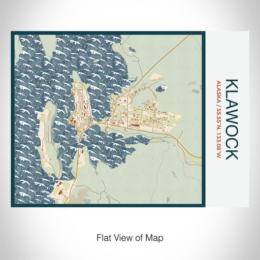 Rendered View of Klawock Alaska Map on 20oz Stainless Steel Insulated Bottle with Bamboo Top with printed woodblock style map