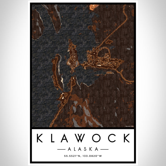 Klawock Alaska Map Print Portrait Orientation in Ember Style With Shaded Background