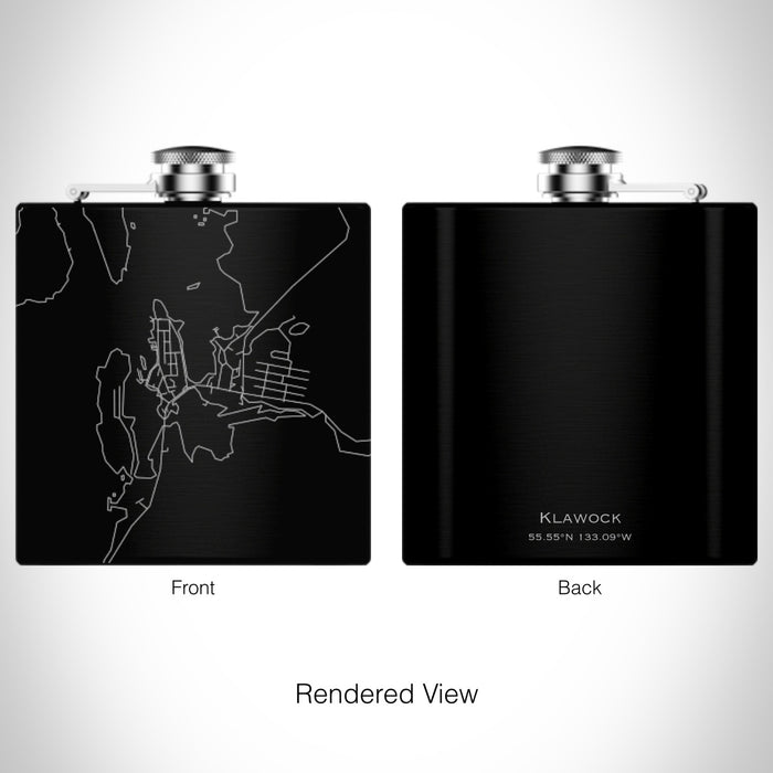 Rendered View of Klawock Alaska Map on 6oz Stainless Steel Flask in Black