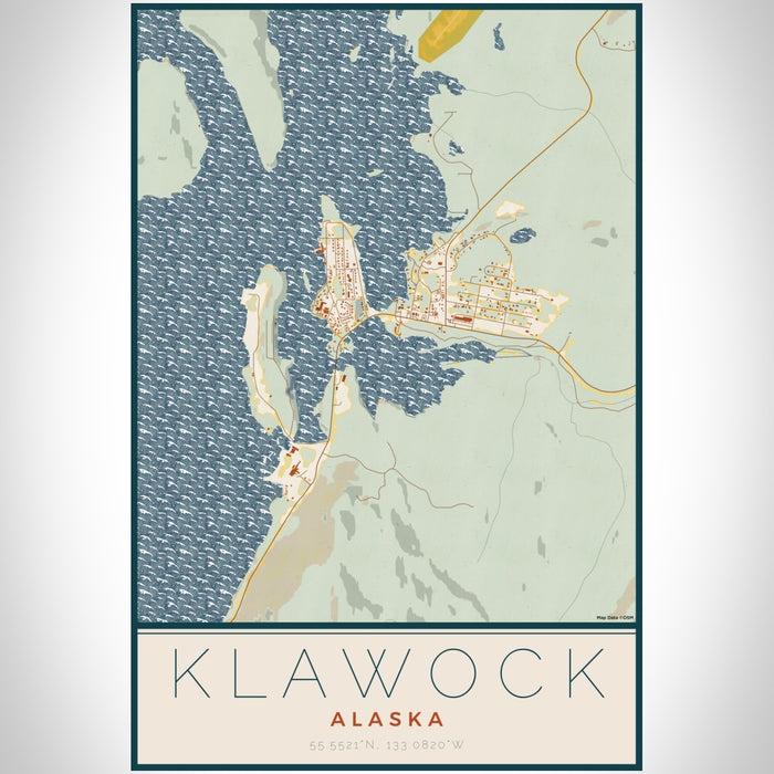 Klawock Alaska Map Print Portrait Orientation in Woodblock Style With Shaded Background