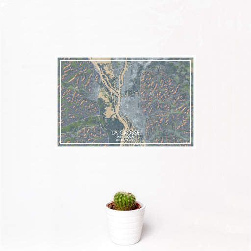 12x18 La Crosse Wisconsin Map Print Landscape Orientation in Afternoon Style With Small Cactus Plant in White Planter