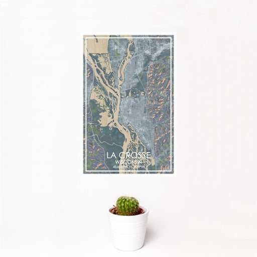 12x18 La Crosse Wisconsin Map Print Portrait Orientation in Afternoon Style With Small Cactus Plant in White Planter