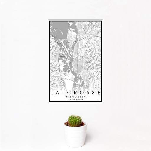 12x18 La Crosse Wisconsin Map Print Portrait Orientation in Classic Style With Small Cactus Plant in White Planter