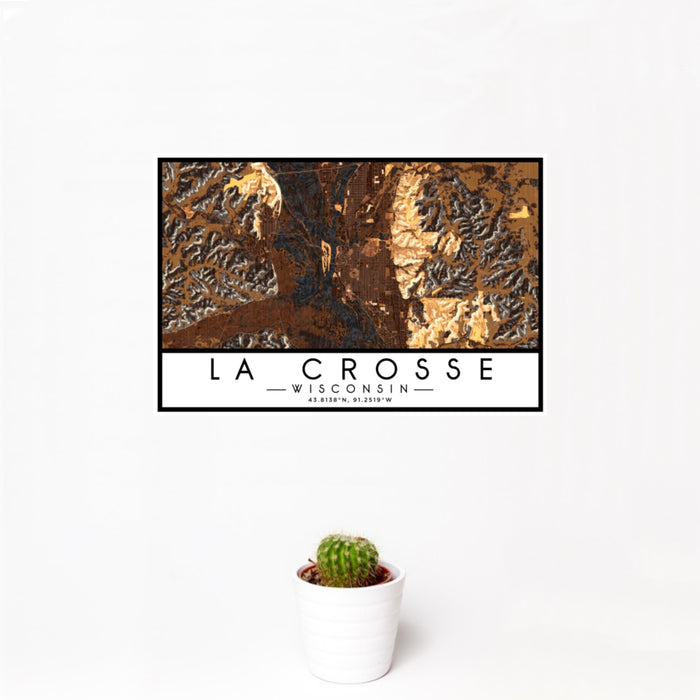 12x18 La Crosse Wisconsin Map Print Landscape Orientation in Ember Style With Small Cactus Plant in White Planter