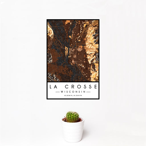 12x18 La Crosse Wisconsin Map Print Portrait Orientation in Ember Style With Small Cactus Plant in White Planter