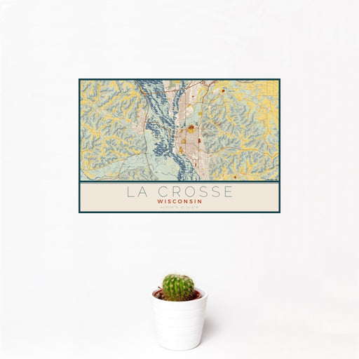 12x18 La Crosse Wisconsin Map Print Landscape Orientation in Woodblock Style With Small Cactus Plant in White Planter