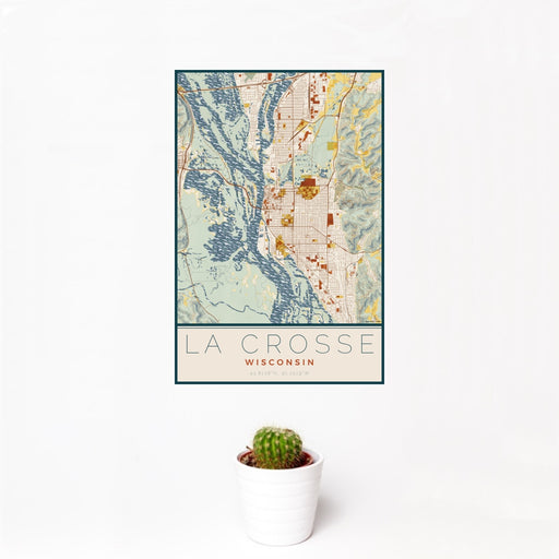 12x18 La Crosse Wisconsin Map Print Portrait Orientation in Woodblock Style With Small Cactus Plant in White Planter