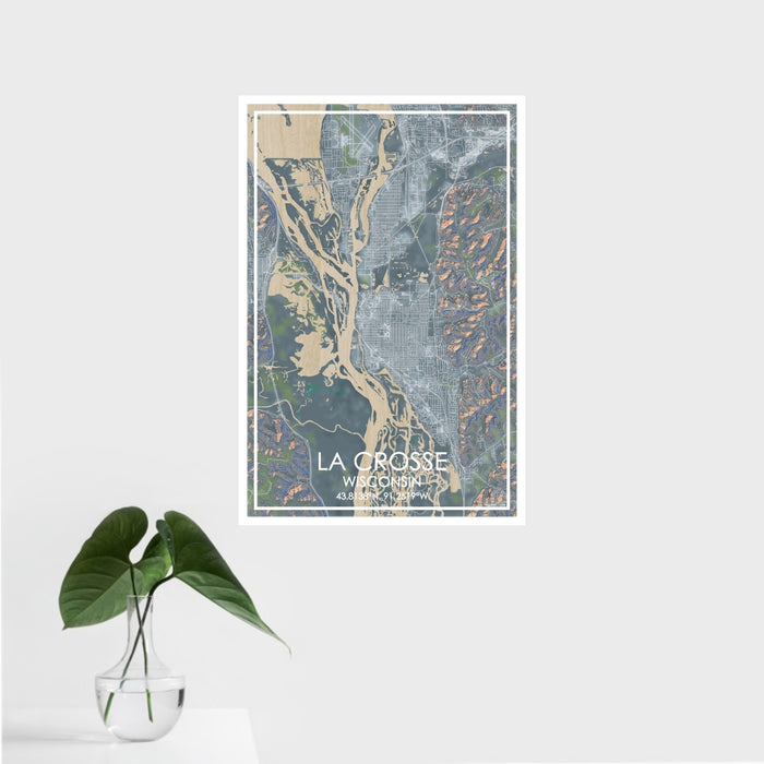 16x24 La Crosse Wisconsin Map Print Portrait Orientation in Afternoon Style With Tropical Plant Leaves in Water