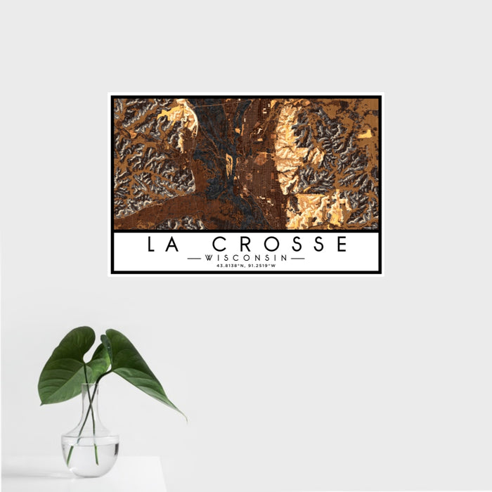 16x24 La Crosse Wisconsin Map Print Landscape Orientation in Ember Style With Tropical Plant Leaves in Water