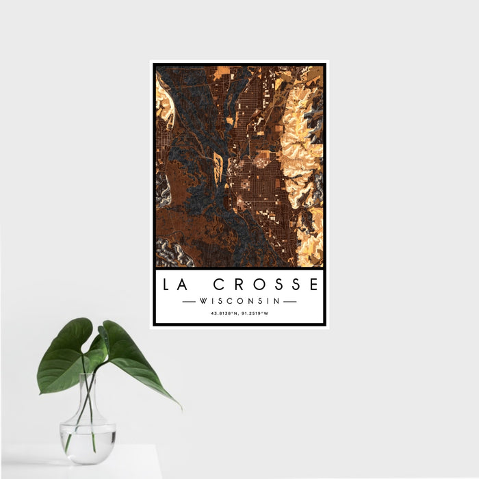 16x24 La Crosse Wisconsin Map Print Portrait Orientation in Ember Style With Tropical Plant Leaves in Water