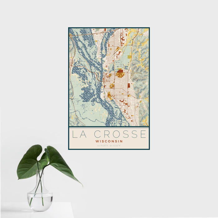 16x24 La Crosse Wisconsin Map Print Portrait Orientation in Woodblock Style With Tropical Plant Leaves in Water