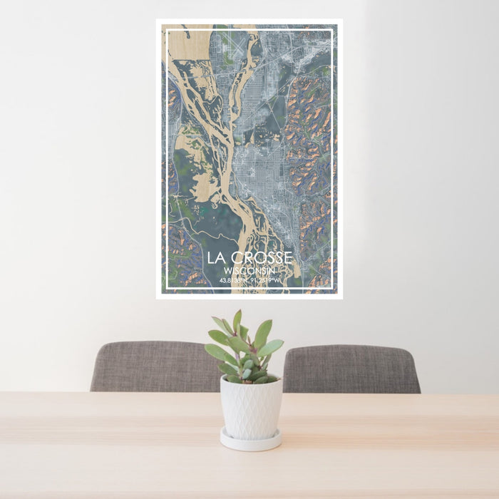 24x36 La Crosse Wisconsin Map Print Portrait Orientation in Afternoon Style Behind 2 Chairs Table and Potted Plant