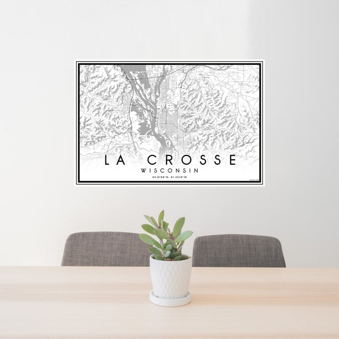 24x36 La Crosse Wisconsin Map Print Lanscape Orientation in Classic Style Behind 2 Chairs Table and Potted Plant