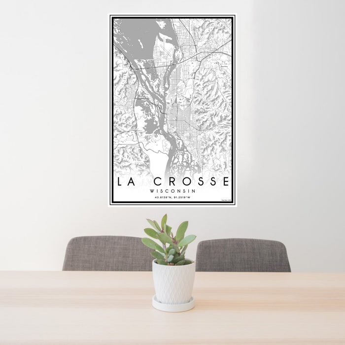 24x36 La Crosse Wisconsin Map Print Portrait Orientation in Classic Style Behind 2 Chairs Table and Potted Plant