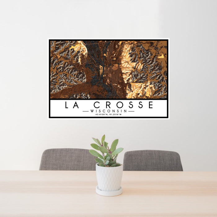 24x36 La Crosse Wisconsin Map Print Lanscape Orientation in Ember Style Behind 2 Chairs Table and Potted Plant